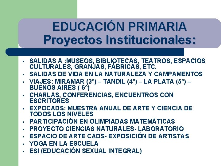 EDUCACIÓN PRIMARIA Proyectos Institucionales: § § § § § SALIDAS A : MUSEOS, BIBLIOTECAS,