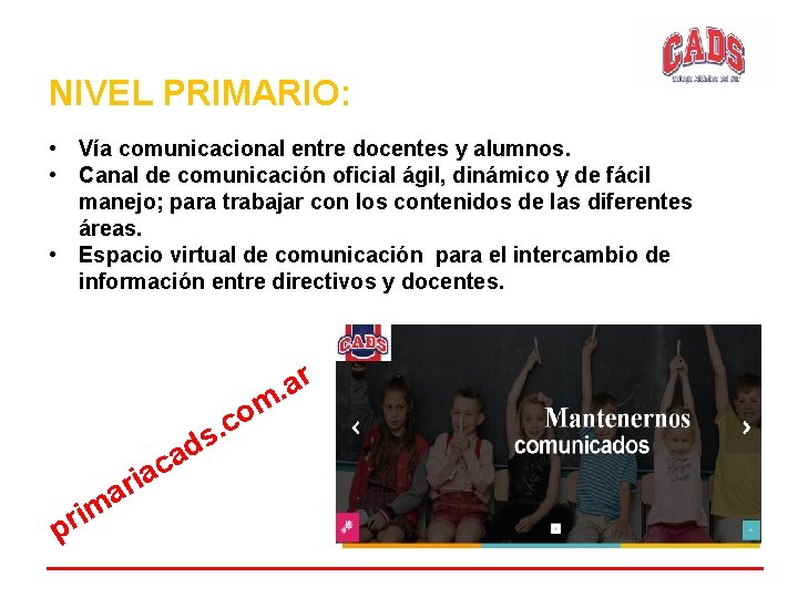 NIVEL PRIMARIO: • Vía comunicacional entre docentes y alumnos. • Canal de comunicación oficial