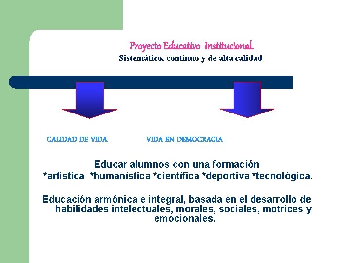 Proyecto Educativo Institucional. Sistemático, continuo y de alta calidad CALIDAD DE VIDA EN DEMOCRACIA