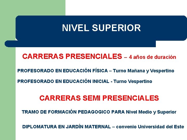 NIVEL SUPERIOR CARRERAS PRESENCIALES – 4 años de duración PROFESORADO EN EDUCACIÓN FÍSICA –