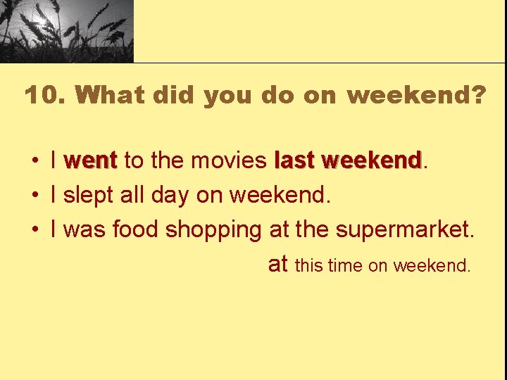 10. What did you do on weekend? • I went to the movies last