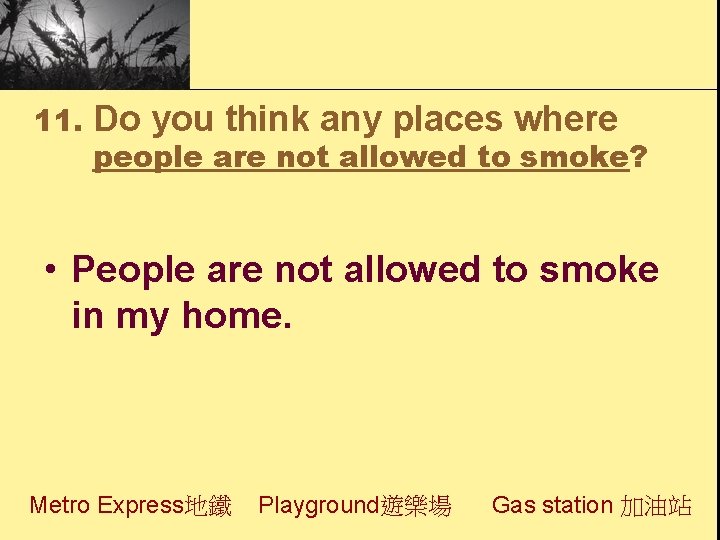 11. Do you think any places where people are not allowed to smoke? •