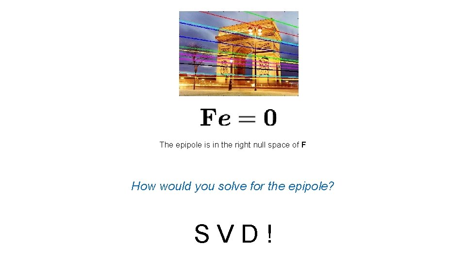 The epipole is in the right null space of F How would you solve