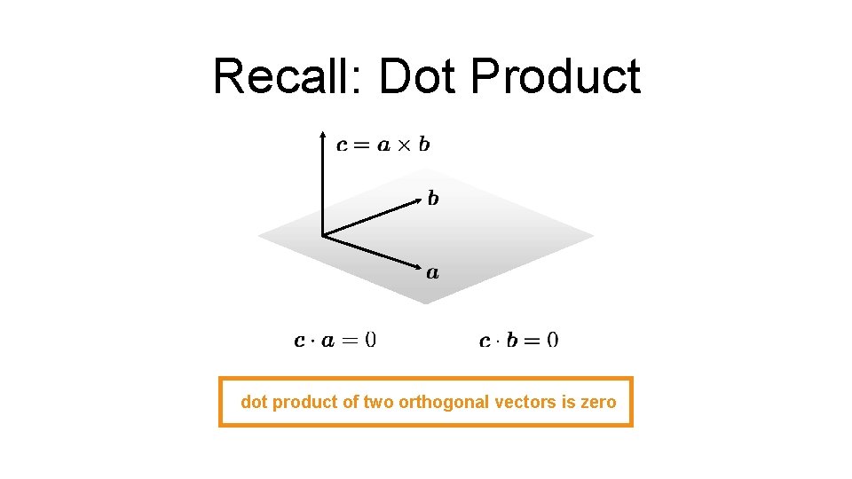 Recall: Dot Product dot product of two orthogonal vectors is zero 