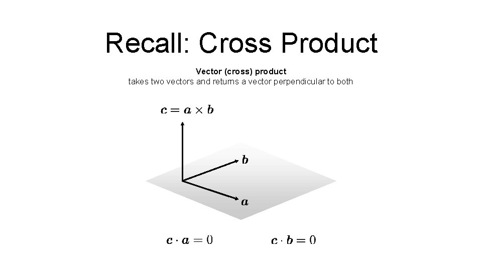 Recall: Cross Product Vector (cross) product takes two vectors and returns a vector perpendicular