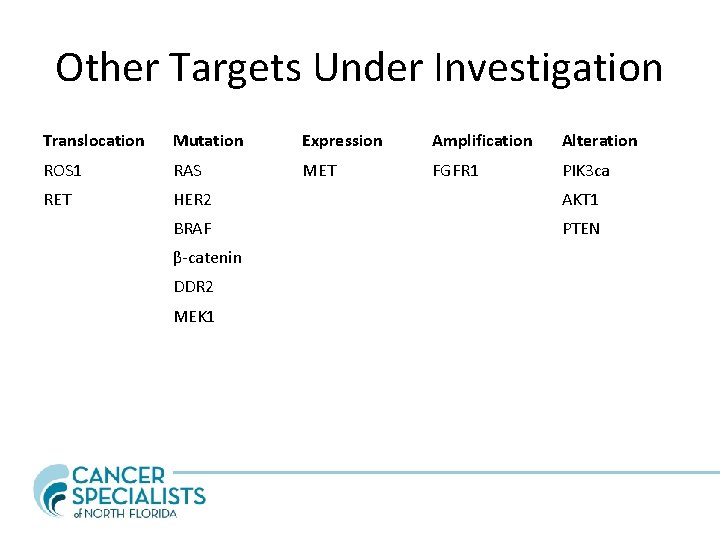 Other Targets Under Investigation Translocation Mutation Expression Amplification Alteration ROS 1 RAS MET FGFR