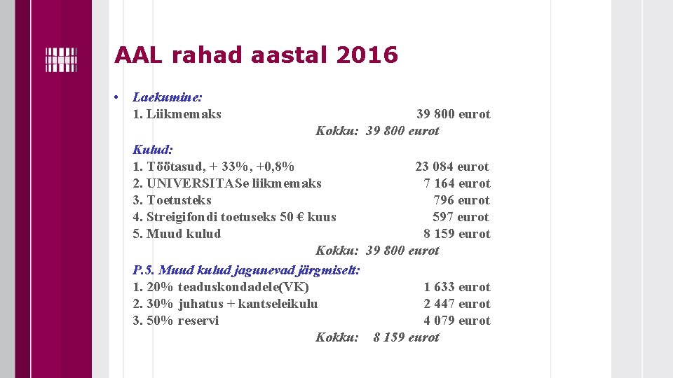 AAL rahad aastal 2016 • Laekumine: 1. Liikmemaks 39 800 eurot Kokku: 39 800