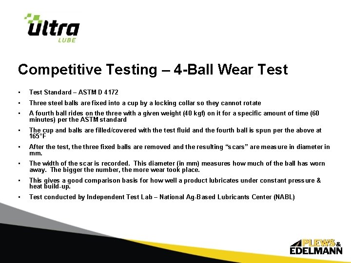 Competitive Testing – 4 -Ball Wear Test • Test Standard – ASTM D 4172