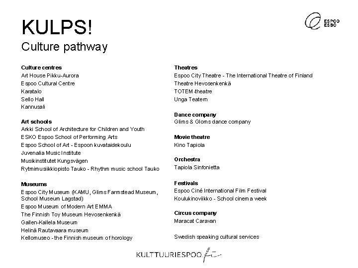 KULPS! Culture pathway Culture centres Art House Pikku-Aurora Espoo Cultural Centre Karatalo Sello Hall KULPS! Culture pathway Culture centres Art House Pikku-Aurora Espoo Cultural Centre Karatalo Sello Hall