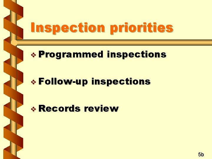 Inspection priorities v Programmed v Follow-up v Records inspections review 5 b 