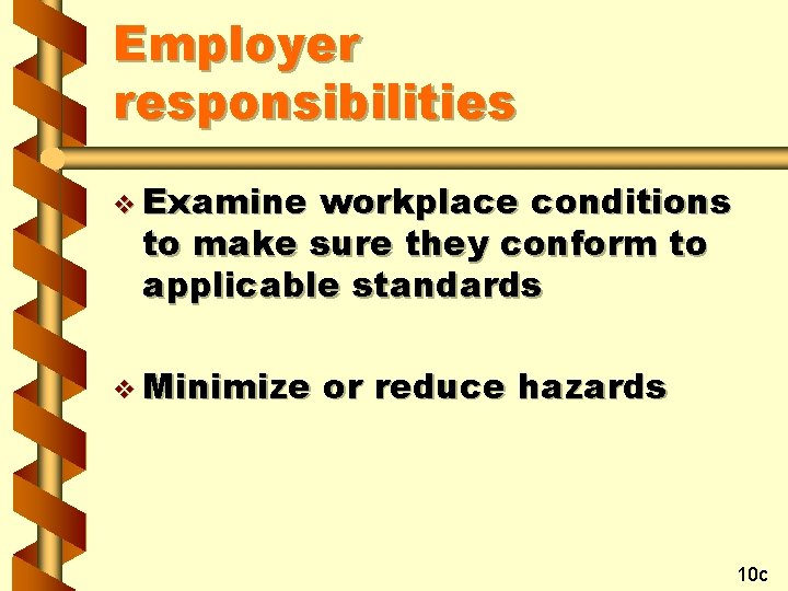 Employer responsibilities v Examine workplace conditions to make sure they conform to applicable standards