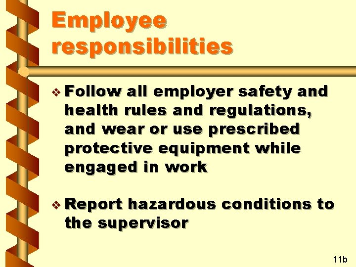 Employee responsibilities v Follow all employer safety and health rules and regulations, and wear