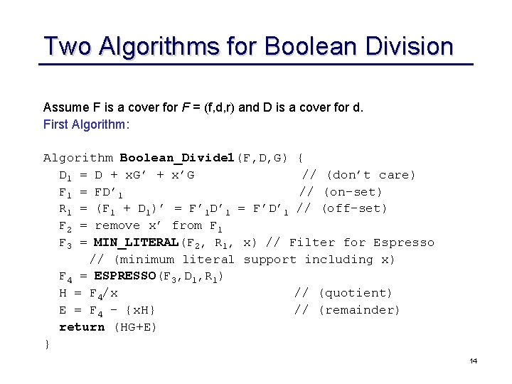 Logic Synthesis Boolean Division Courtesy Rk Brayton Ucb