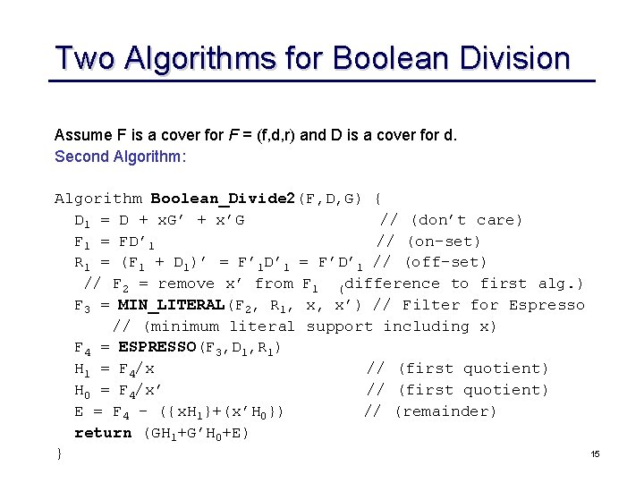 Logic Synthesis Boolean Division Courtesy Rk Brayton Ucb