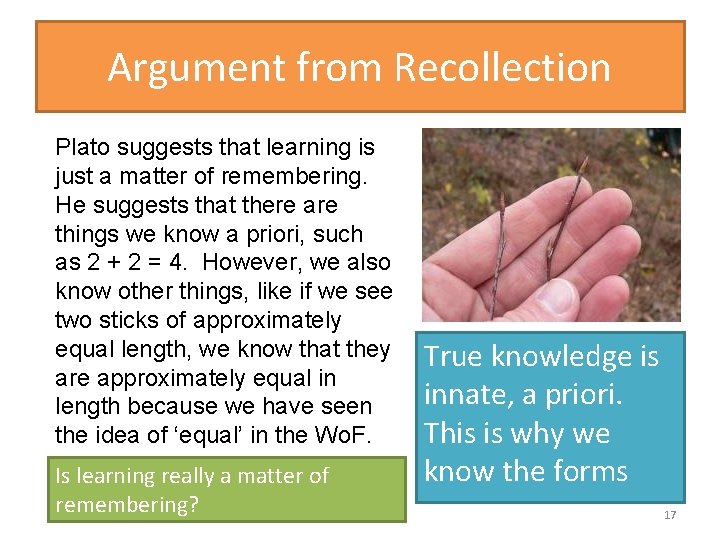 Argument from Recollection Plato suggests that learning is just a matter of remembering. He