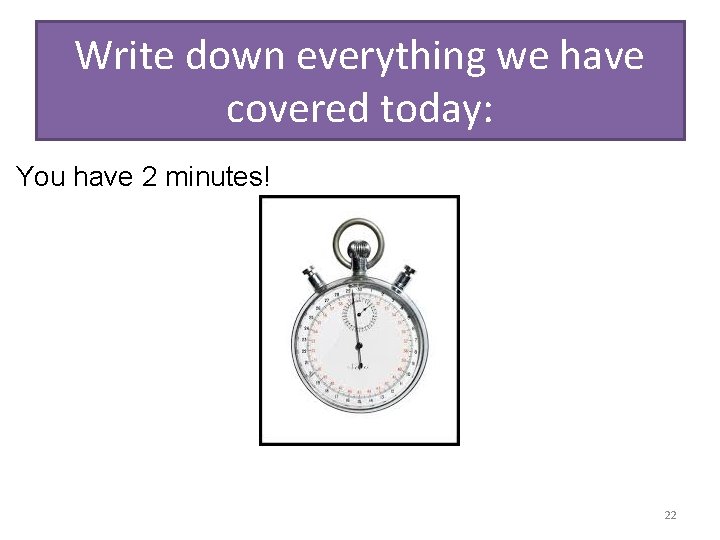 Write down everything we have covered today: You have 2 minutes! 22 