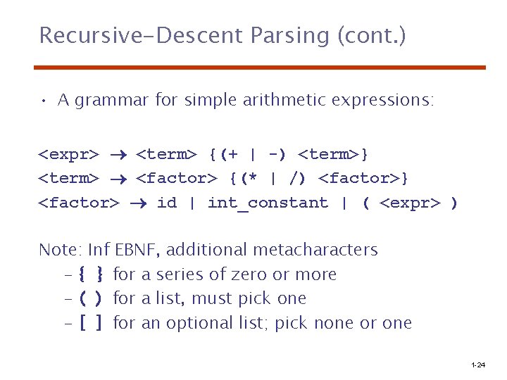 Recursive-Descent Parsing (cont. ) • A grammar for simple arithmetic expressions: <expr> <term> {(+