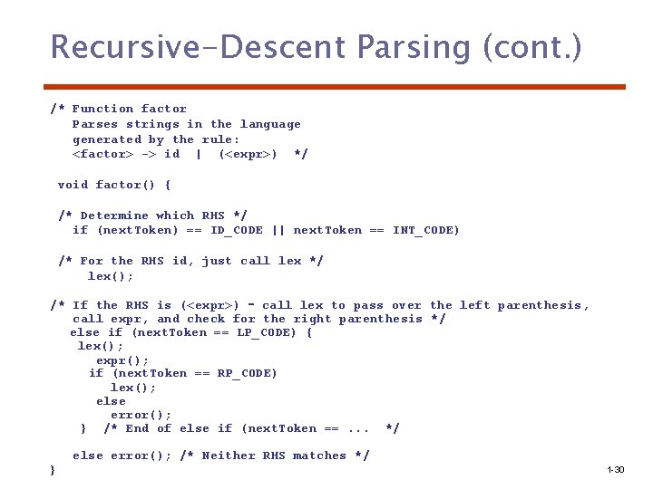 Recursive-Descent Parsing (cont. ) /* Function factor Parses strings in the language generated by