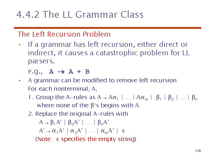 4. 4. 2 The LL Grammar Class The Left Recursion Problem • If a