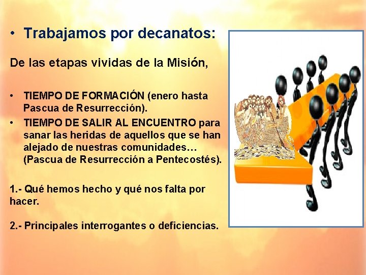  • Trabajamos por decanatos: De las etapas vividas de la Misión, • TIEMPO