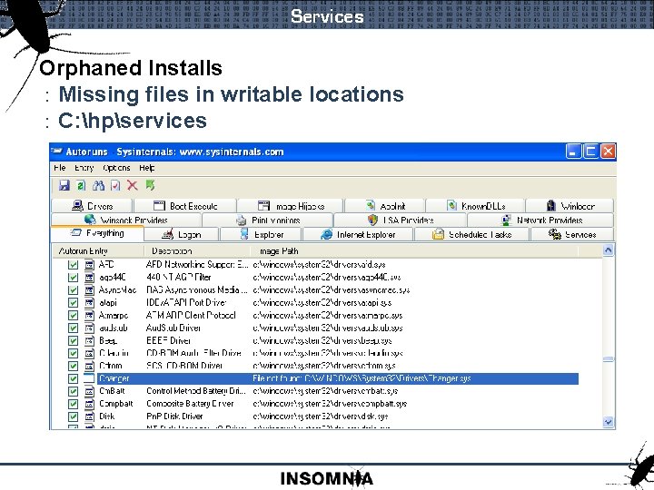Services Orphaned Installs : Missing files in writable locations : C: hpservices 