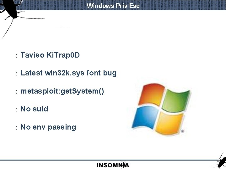 Windows Priv Esc : Taviso Ki. Trap 0 D : Latest win 32 k.