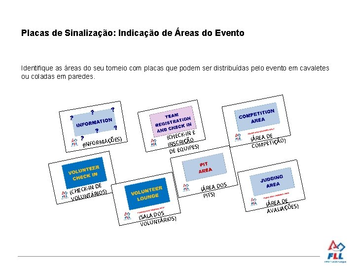 Placas de Sinalização: Indicação de Áreas do Evento Identifique as áreas do seu torneio