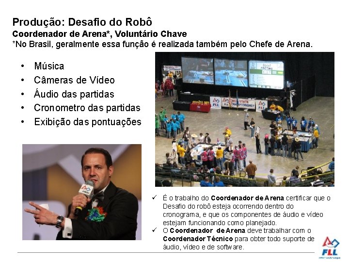 Produção: Desafio do Robô Coordenador de Arena*, Voluntário Chave *No Brasil, geralmente essa função