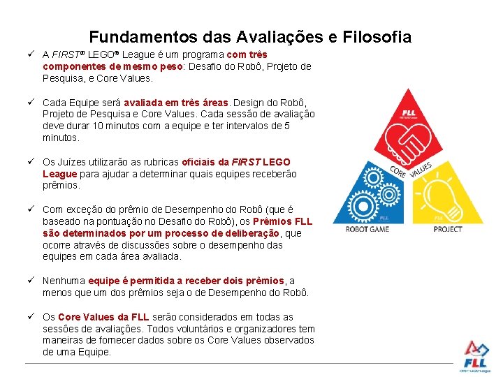 Fundamentos das Avaliações e Filosofia A FIRST® LEGO® League é um programa com três