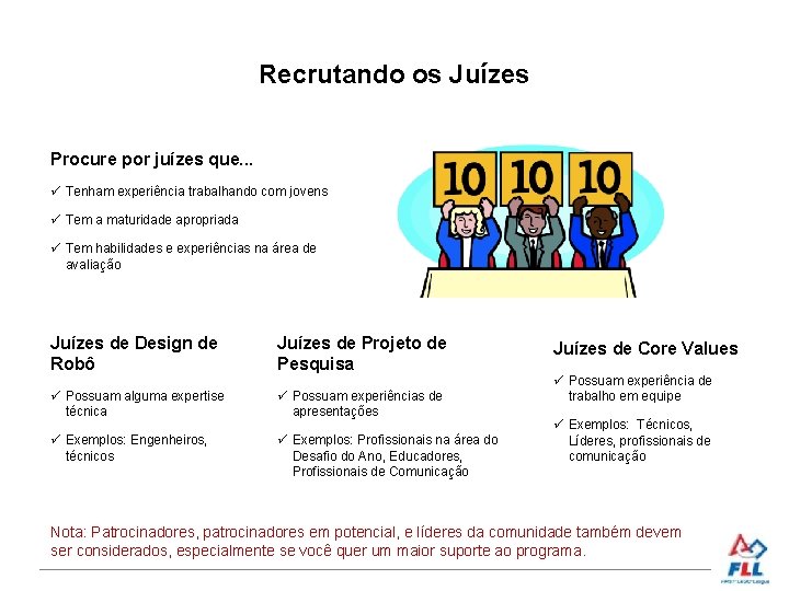 Recrutando os Juízes Procure por juízes que. . . Tenham experiência trabalhando com jovens