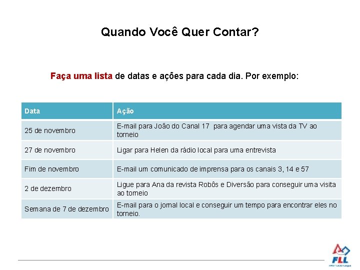 Quando Você Quer Contar? Faça uma lista de datas e ações para cada dia.