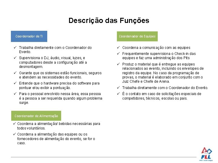 Descrição das Funções Coordenador de TI Trabalha diretamente com o Coordenador do Evento. Supervisiona