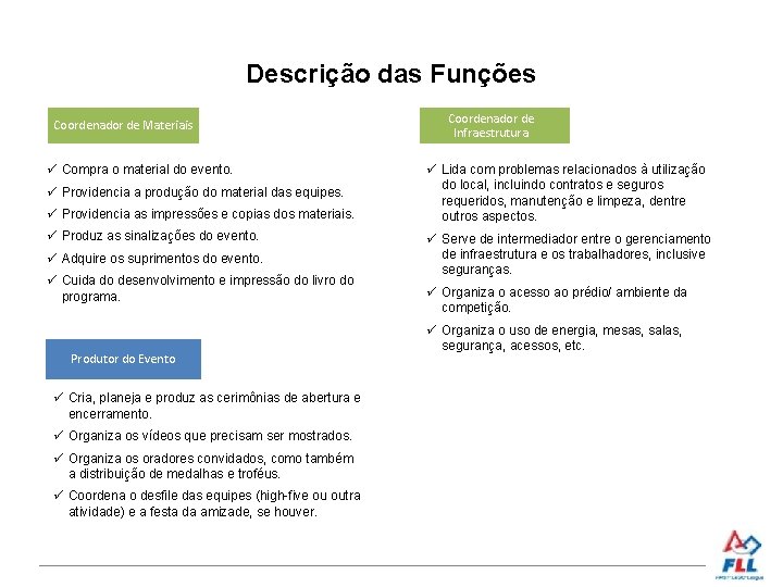Descrição das Funções Coordenador de Materiais Compra o material do evento. Providencia a produção