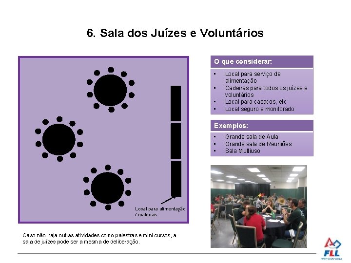 6. Sala dos Juízes e Voluntários O que considerar: • • Local para serviço