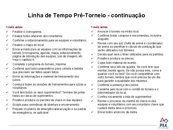 Linha de Tempo Pré-Torneio - continuação 1 mês antes Finalize o cronograma. Complete o
