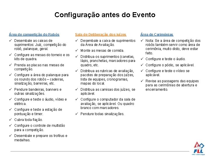 Configuração antes do Evento Área de competição do Robôs Sala de Deliberação dos juízes