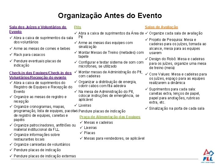 Organização Antes do Evento Sala dos Juízes e Voluntários do Evento Pits Salas de