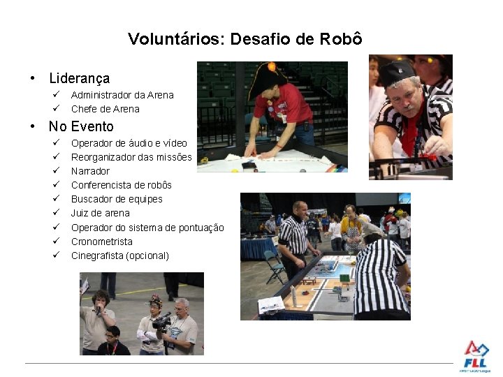 Voluntários: Desafio de Robô • Liderança Administrador da Arena Chefe de Arena • No