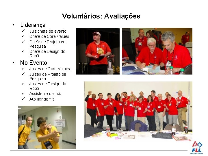 Voluntários: Avaliações • Liderança Juiz chefe do evento Chefe de Core Values Chefe de