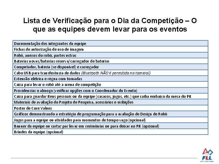 Lista de Verificação para o Dia da Competição – O que as equipes devem