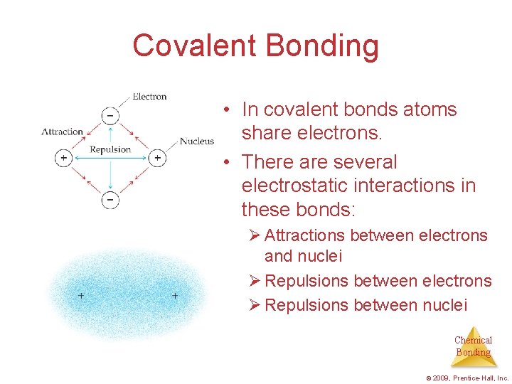 Covalent Bonding • In covalent bonds atoms share electrons. • There are several electrostatic