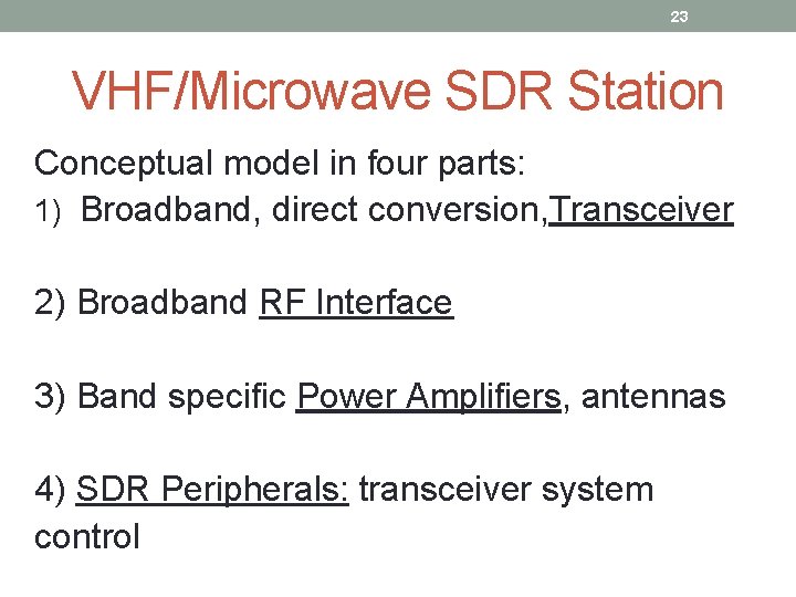 23 VHF/Microwave SDR Station Conceptual model in four parts: 1) Broadband, direct conversion, Transceiver