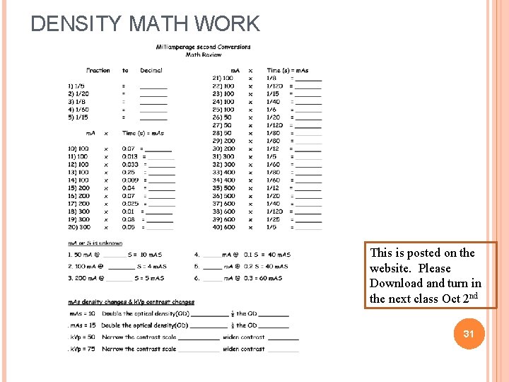 DENSITY MATH WORK This is posted on the website. Please Download and turn in DENSITY MATH WORK This is posted on the website. Please Download and turn in
