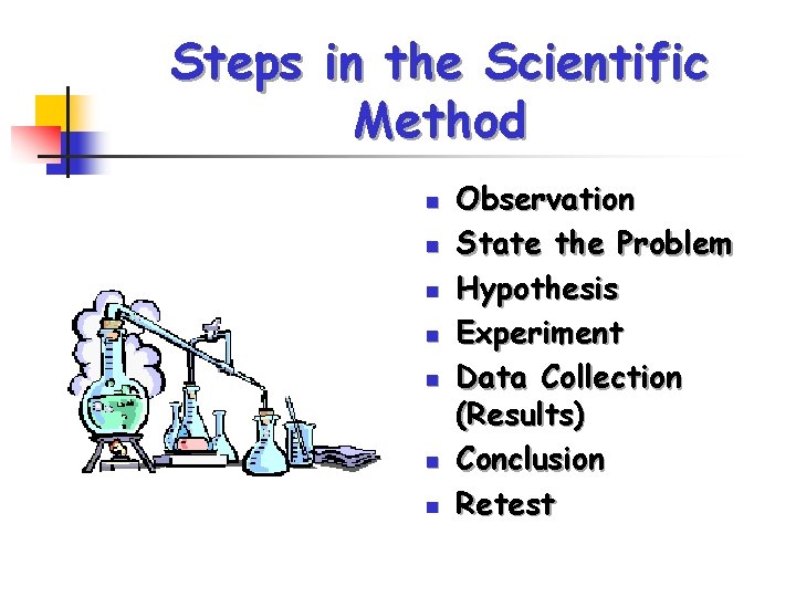 Steps in the Scientific Method n n n n Observation State the Problem Hypothesis