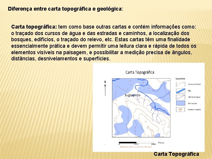 Diferença entre carta topográfica e geológica: Carta topográfica: tem como base outras cartas e