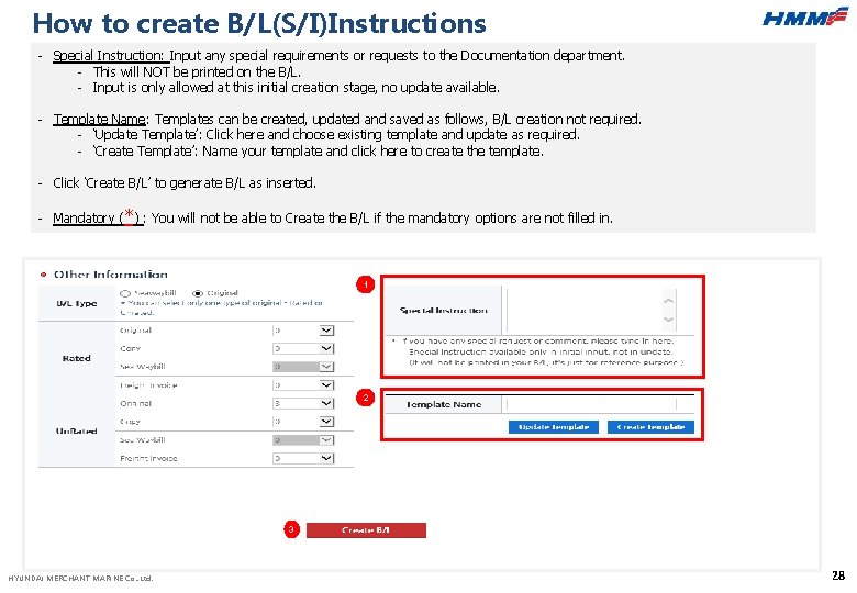 How to create B/L(S/I)Instructions - Special Instruction: Input any special requirements or requests to