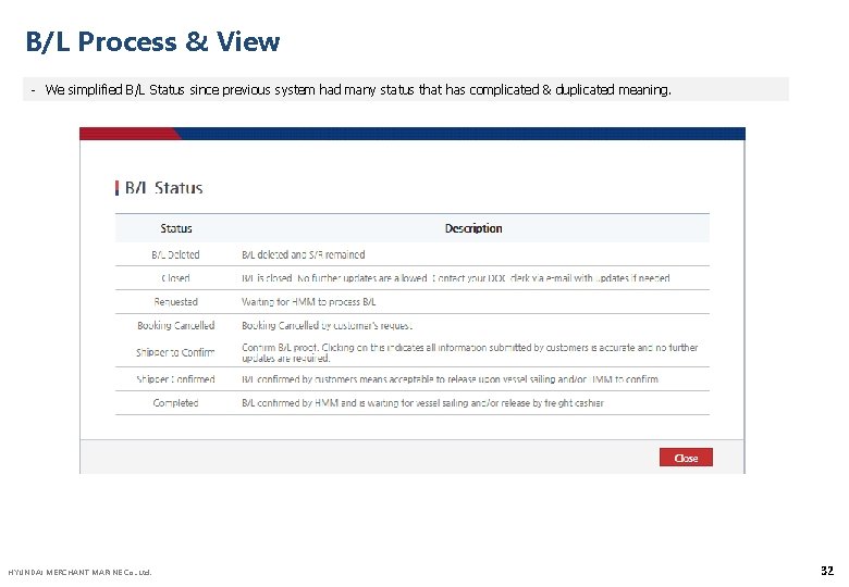 B/L Process & View - We simplified B/L Status since previous system had many B/L Process & View - We simplified B/L Status since previous system had many