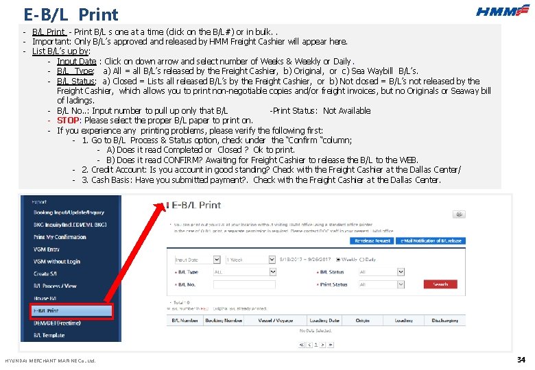 E-B/L Print - Print B/L s one at a time (click on the B/L#)