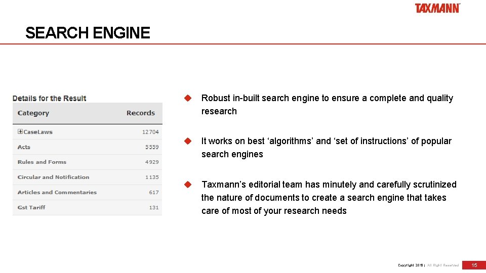 SEARCH ENGINE Robust in-built search engine to ensure a complete and quality research It