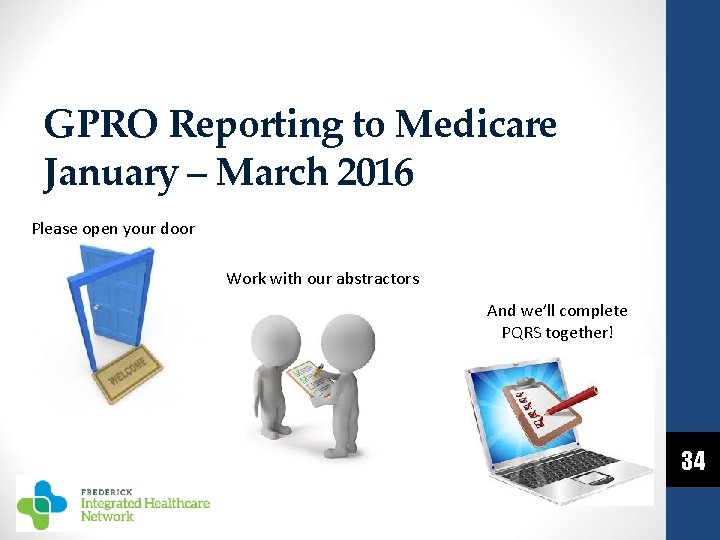 GPRO Reporting to Medicare January – March 2016 Please open your door Work with